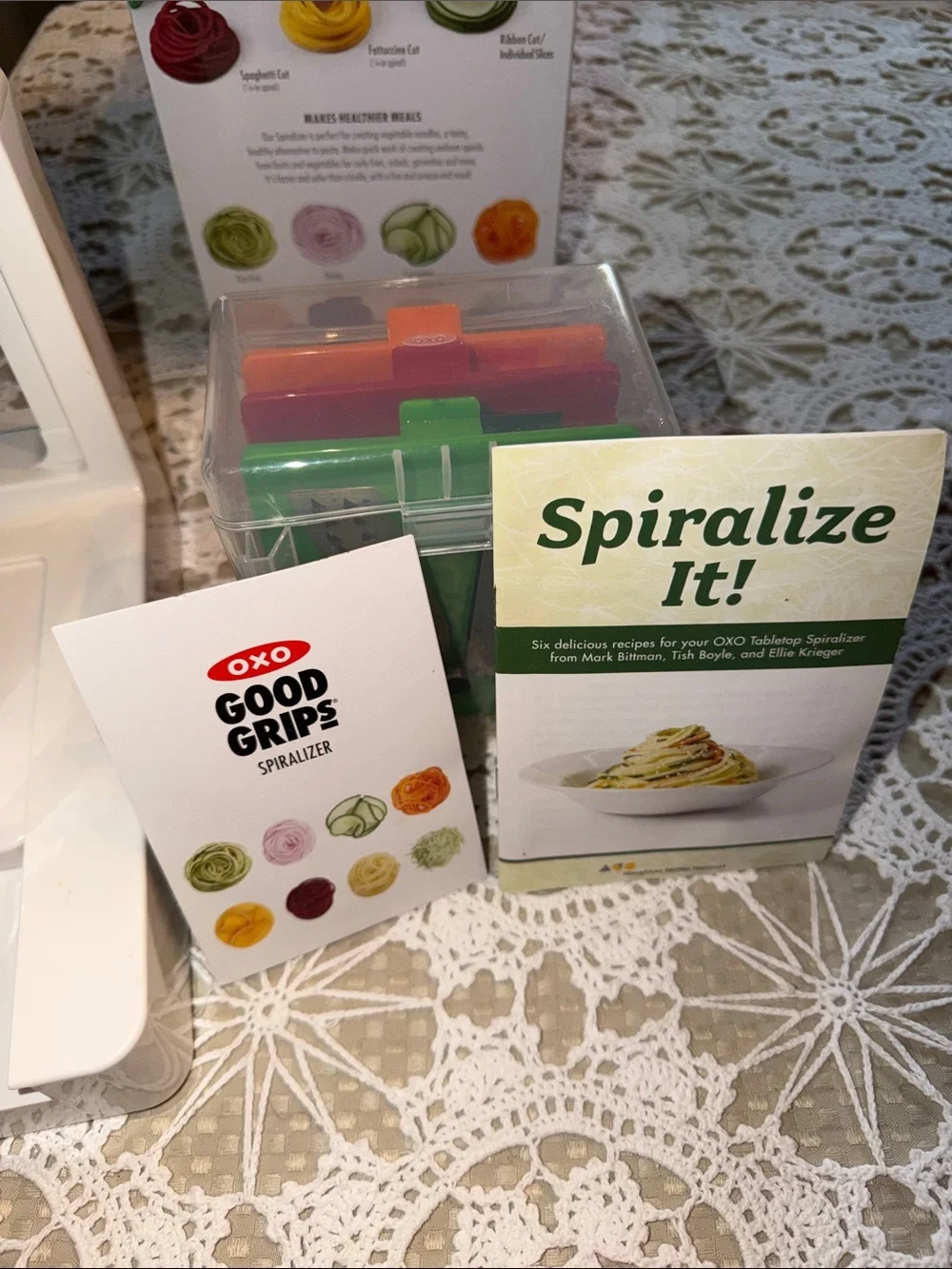 OXO Good Grips Spiralizer in White with Gray Clamp and Colorful Blades & Holders